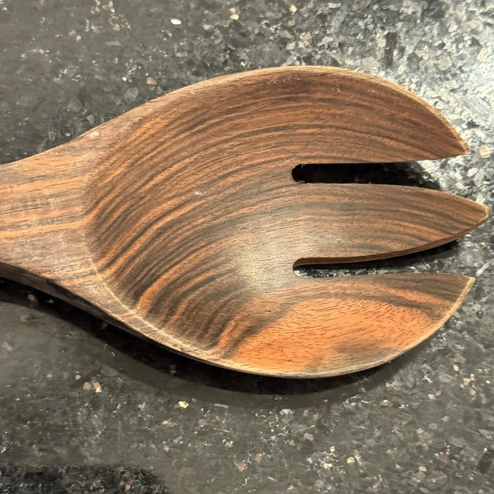 Handcrafted Wood and Stone Salad Serving Fork Dark Grain‎ Wood Travertine Handle